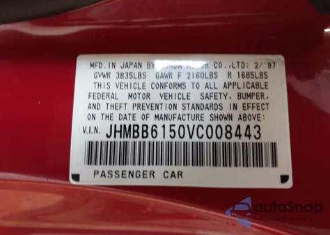 1997 Honda Prelude Sh z USA, uszkodzony, nr VIN JHMBB6150VC008443